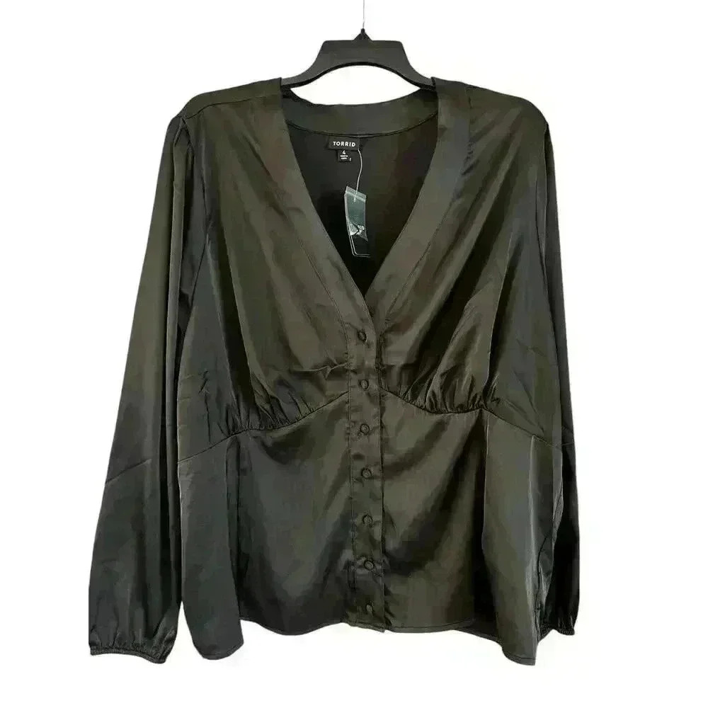 NWT Torrid Satin Button Front Top Blouse Deep Black Size 4X Long Sleeve Formal